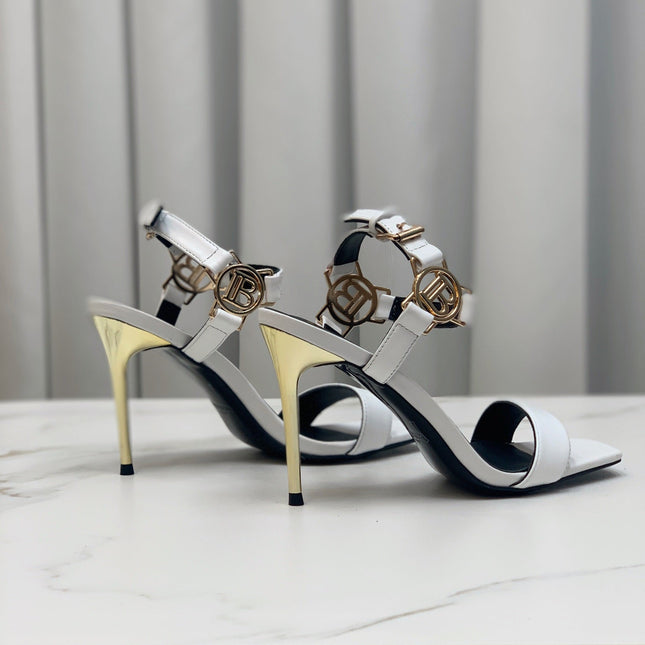 BALMAIN 25S HIGH HEELS WITH B METAL DETAIL 95MM IN LIGHT GRAY CALFSKIN