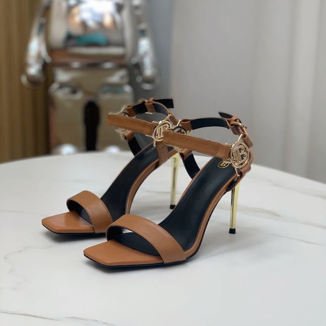 BALMAIN 25S HIGH HEELS WITH B METAL DETAIL 95MM IN CARAMEL CALFSKIN