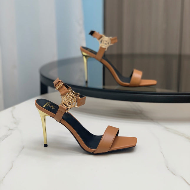 BALMAIN 25S HIGH HEELS WITH B METAL DETAIL 95MM IN CARAMEL CALFSKIN