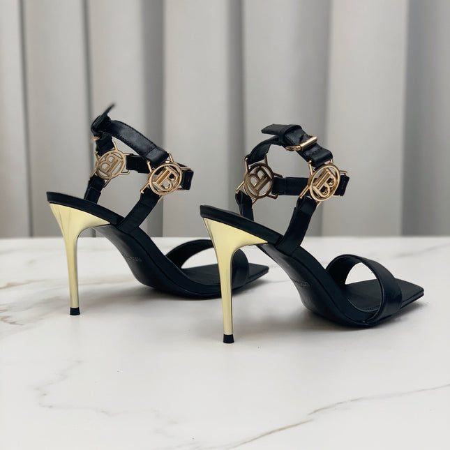 BALMAIN 25S HIGH HEELS WITH B METAL DETAIL 95MM IN BLACK CALFSKIN