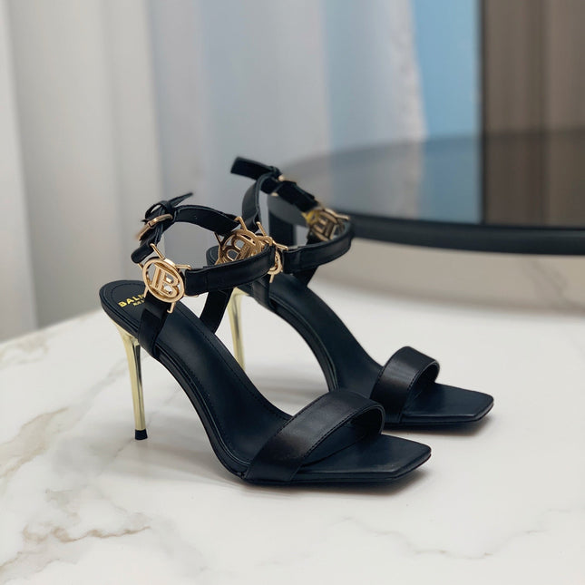 BALMAIN 25S HIGH HEELS WITH B METAL DETAIL 95MM IN BLACK CALFSKIN