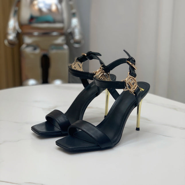 BALMAIN 25S HIGH HEELS WITH B METAL DETAIL 95MM IN BLACK CALFSKIN