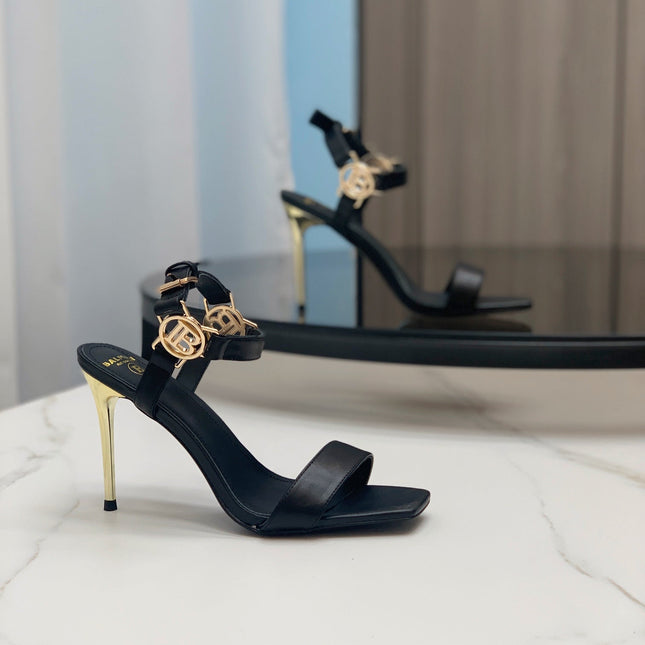 BALMAIN 25S HIGH HEELS WITH B METAL DETAIL 95MM IN BLACK CALFSKIN