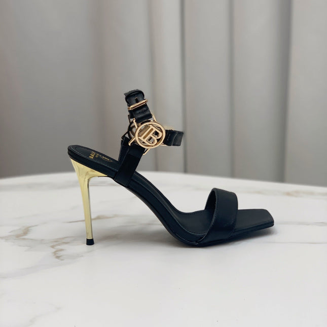 BALMAIN 25S HIGH HEELS WITH B METAL DETAIL 95MM IN BLACK CALFSKIN