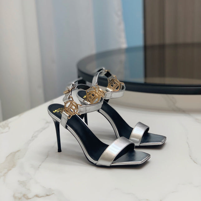BALMAIN 25S HIGH HEELS WITH B METAL DETAIL 95MM IN SILVER CALFSKIN