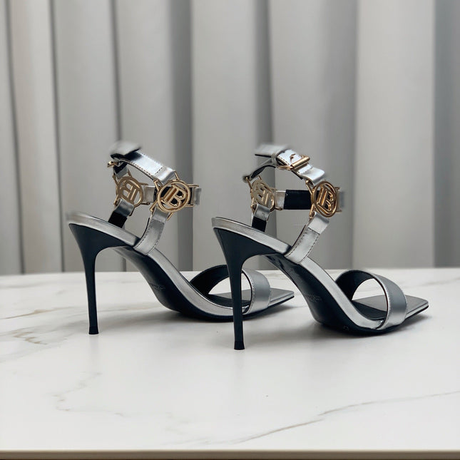 BALMAIN 25S HIGH HEELS WITH B METAL DETAIL 95MM IN SILVER CALFSKIN