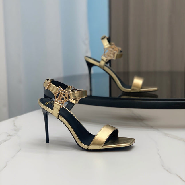 BALMAIN 25S HIGH HEELS WITH B METAL DETAIL 95MM IN GOLD CALFSKIN