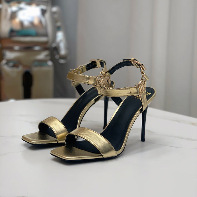 BALMAIN 25S HIGH HEELS WITH B METAL DETAIL 95MM IN GOLD CALFSKIN