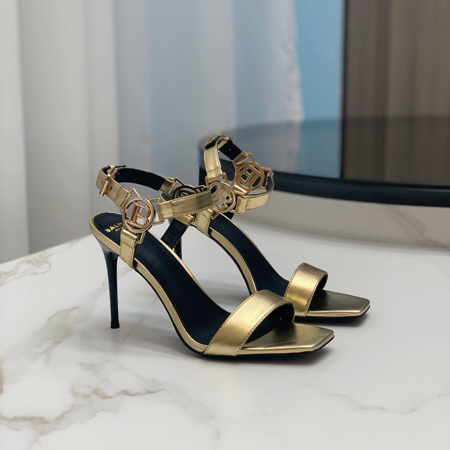 BALMAIN 25S HIGH HEELS WITH B METAL DETAIL 95MM IN GOLD CALFSKIN