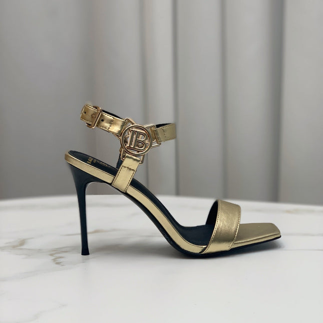 BALMAIN 25S HIGH HEELS WITH B METAL DETAIL 95MM IN GOLD CALFSKIN