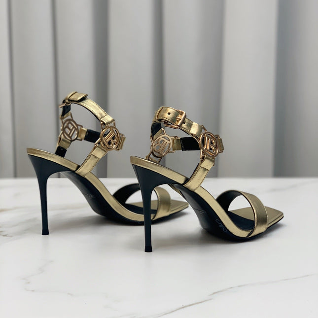 BALMAIN 25S HIGH HEELS WITH B METAL DETAIL 95MM IN GOLD CALFSKIN