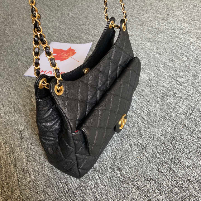 CC HOBO BAG 27 IN BLACK PEBBLED CALFSKIN