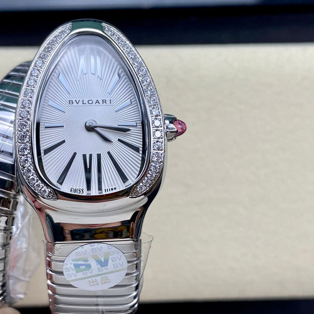 SERPENTI TUBOGAS QUARTZ STEEL ATTACHED DIAMOND BEZEL SILVER OPALINE DIAL