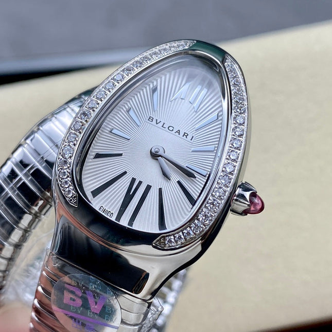 SERPENTI TUBOGAS QUARTZ STEEL ATTACHED DIAMOND BEZEL SILVER OPALINE DIAL