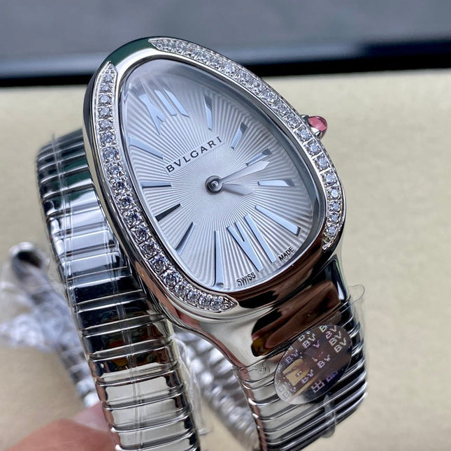 SERPENTI TUBOGAS QUARTZ STEEL ATTACHED DIAMOND BEZEL SILVER OPALINE DIAL