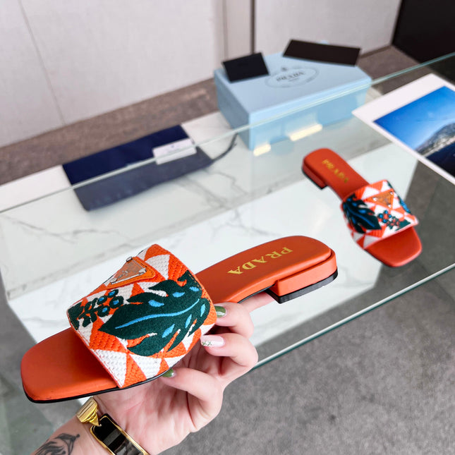 PRA EMBROIDERED SLIDES FLAT ORANGE FABRIC