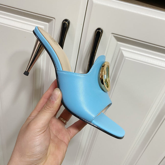 GG HIGH HEELS BLONDIE 75 IN SKY BLUE LAMBSKIN WITH GOLD HARDWARE