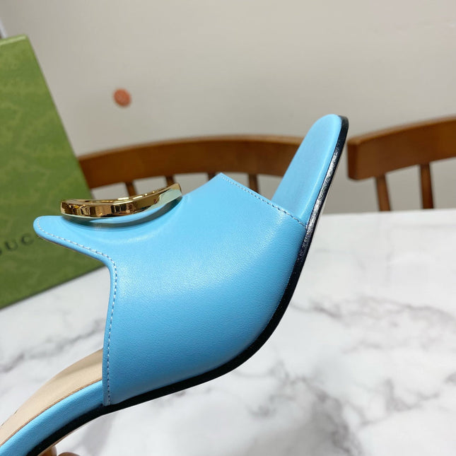 GG HIGH HEELS BLONDIE 75 IN SKY BLUE LAMBSKIN WITH GOLD HARDWARE