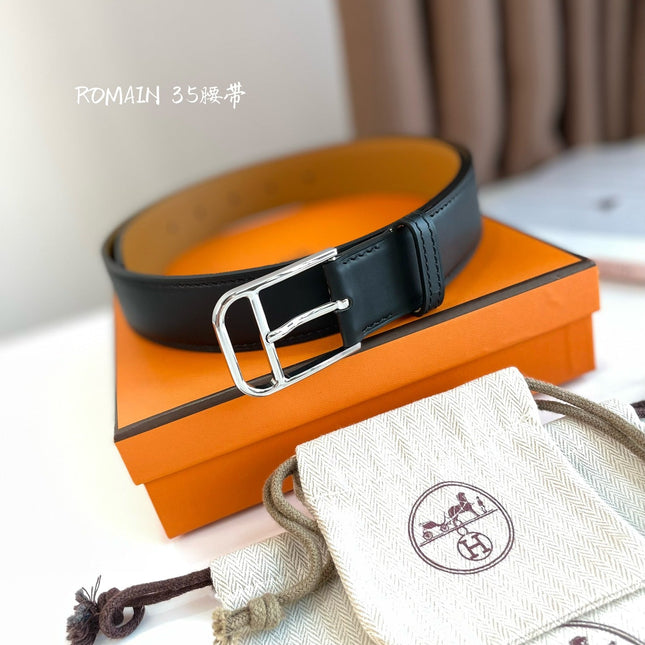 HM ROMAIN 35MM BELT BLACK LEATHER SILVER HARDWARE