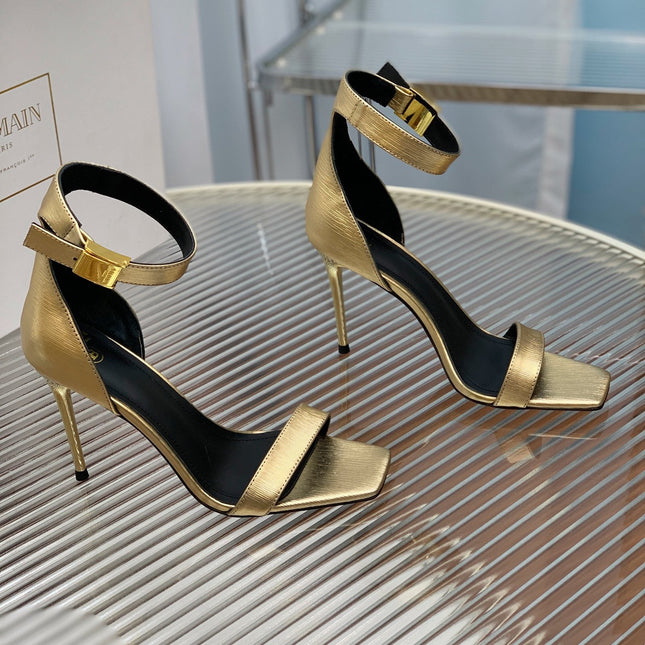 BALMAIN 25S METAL BUCKLE HIGH HEELS 95MM IN GOLD CALFSKIN