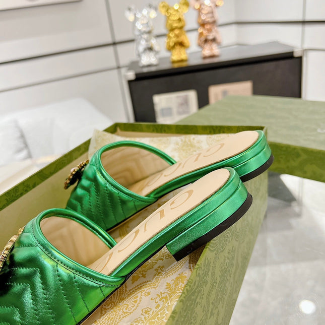 GG SPARKLE CRYSTAL SLIDE SANDAL METALLIC GREEN CALFSKIN