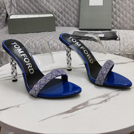 CRYSTAL HIGH HEEL MULE 10 CM IN NAVY BLUE LAMBSKIN