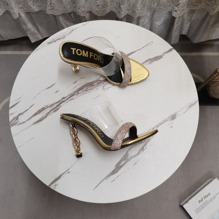 CRYSTAL HIGH HEEL MULE 10 CM IN GOLD LAMBSKIN