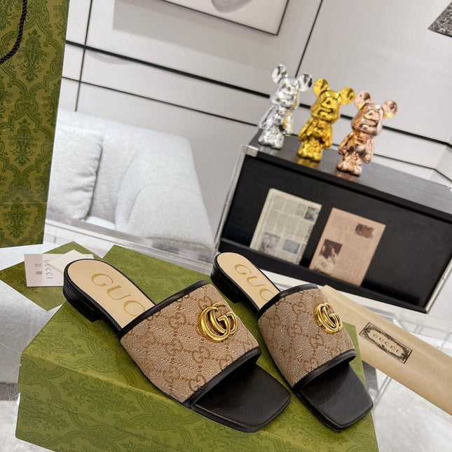 GG EXCLUSIVE SLIDE SANDAL BLACK AND BROWN FABRIC
