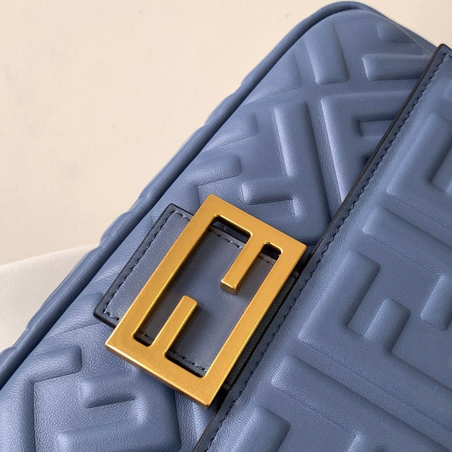 Fend Baguette 27 Bag With FF Motif Blue Leather Ghw