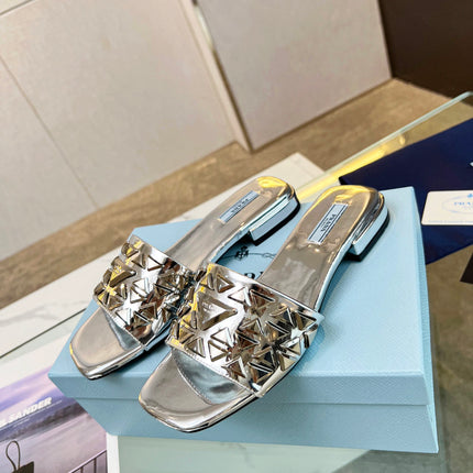 PRA EMBROIDERED SLIDES FLAT SILVER CALFSKIN