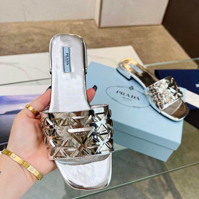PRA EMBROIDERED SLIDES FLAT SILVER CALFSKIN