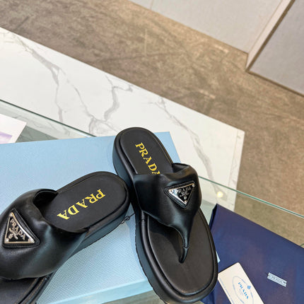 PRA SOFT PADDED NAPPA THONG WEDGE SANDALS BLACK LAMBSKIN