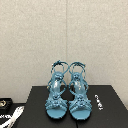 FLORAL HIGH HEEL SANDAL IN SAPPHIRE BLUE LAMBSKIN