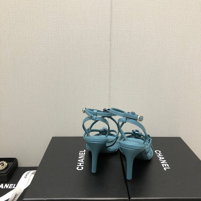 FLORAL HIGH HEEL SANDAL IN SAPPHIRE BLUE LAMBSKIN