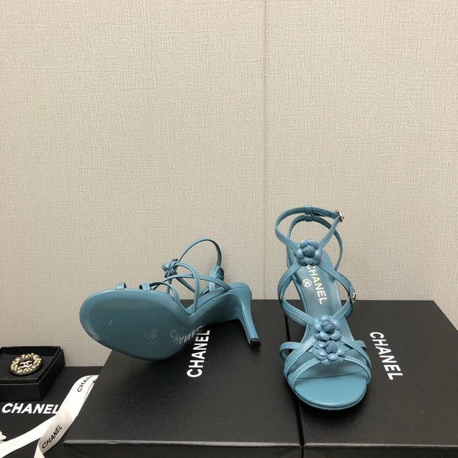 FLORAL HIGH HEEL SANDAL IN SAPPHIRE BLUE LAMBSKIN