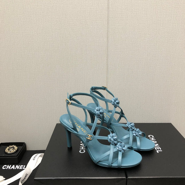 FLORAL HIGH HEEL SANDAL IN SAPPHIRE BLUE LAMBSKIN