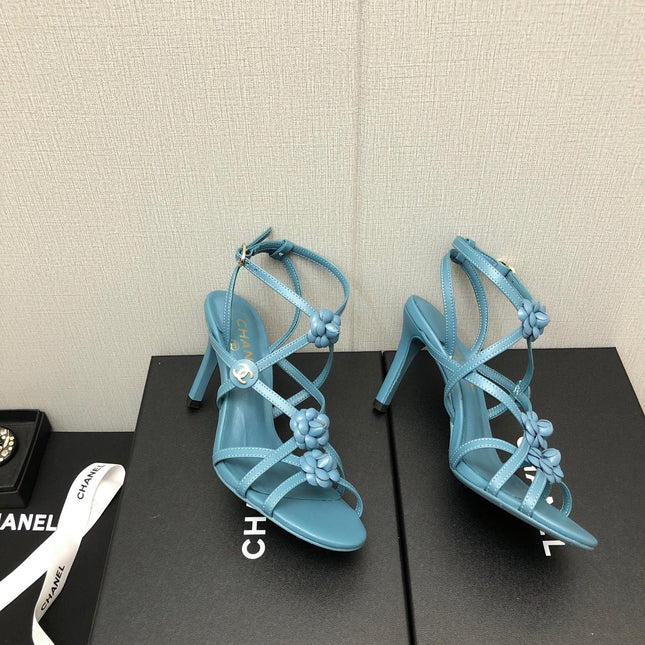FLORAL HIGH HEEL SANDAL IN SAPPHIRE BLUE LAMBSKIN