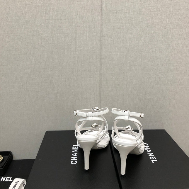 FLORAL HIGH HEEL SANDAL IN WHITE LAMBSKIN