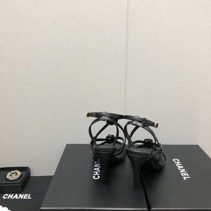 FLORAL HIGH HEEL SANDAL IN BLACK LAMBSKIN