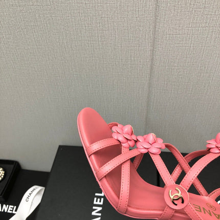 FLORAL HIGH HEEL SANDAL IN DARK PINK LAMBSKIN