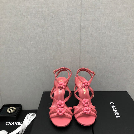 FLORAL HIGH HEEL SANDAL IN DARK PINK LAMBSKIN