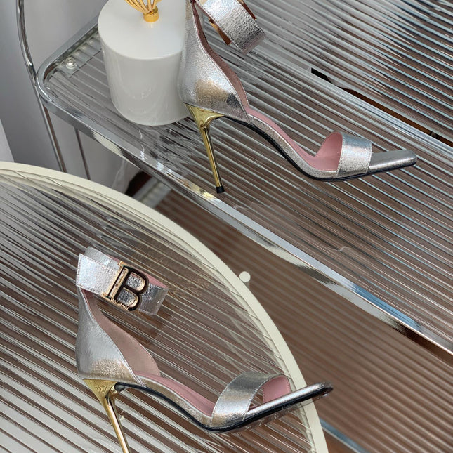 BALMAIN 25S B STRAP HIGH HEEL SANDALS 95MM IN SILVER CALFSKIN