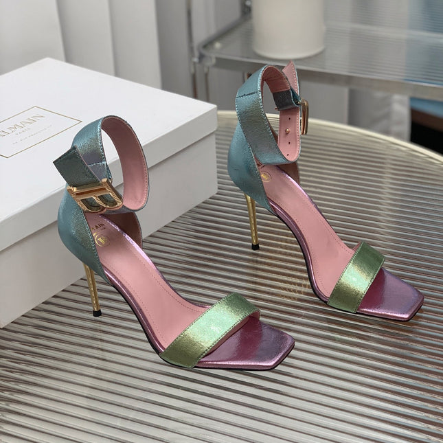 BALMAIN 25S B STRAP HIGH HEEL SANDALS 95MM IN MULTICOLOR CALFSKIN