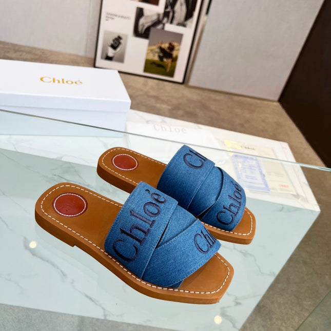 WOODY MULE IN COBALT BLUE DENIM WITH EMBROIDERED LOGO