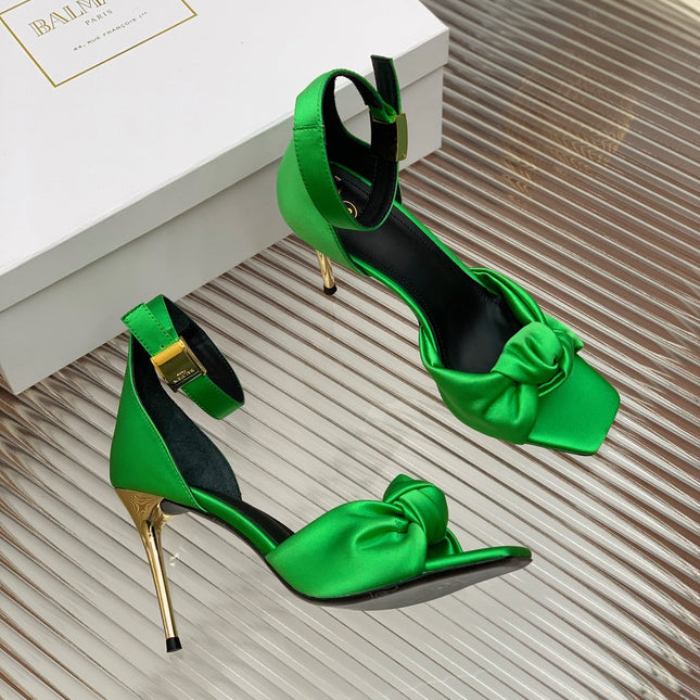 BALMAIN 25S KNOTTED HIGH HEELS 95MM IN KELLY GREEN SATIN