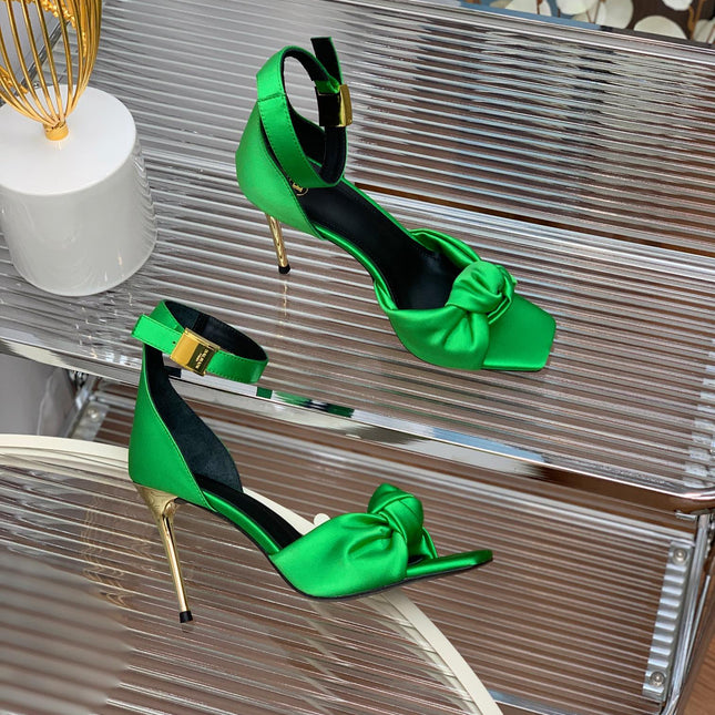 BALMAIN 25S KNOTTED HIGH HEELS 95MM IN KELLY GREEN SATIN
