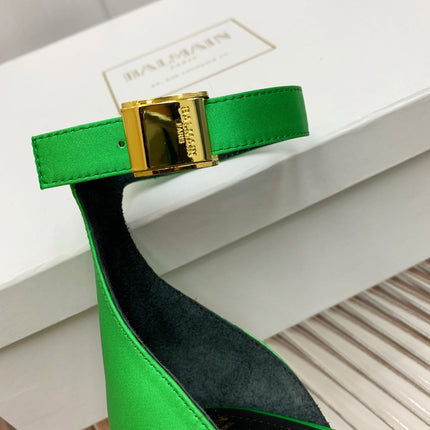 BALMAIN 25S KNOTTED HIGH HEELS 95MM IN KELLY GREEN SATIN