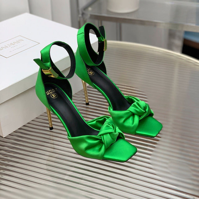 BALMAIN 25S KNOTTED HIGH HEELS 95MM IN KELLY GREEN SATIN