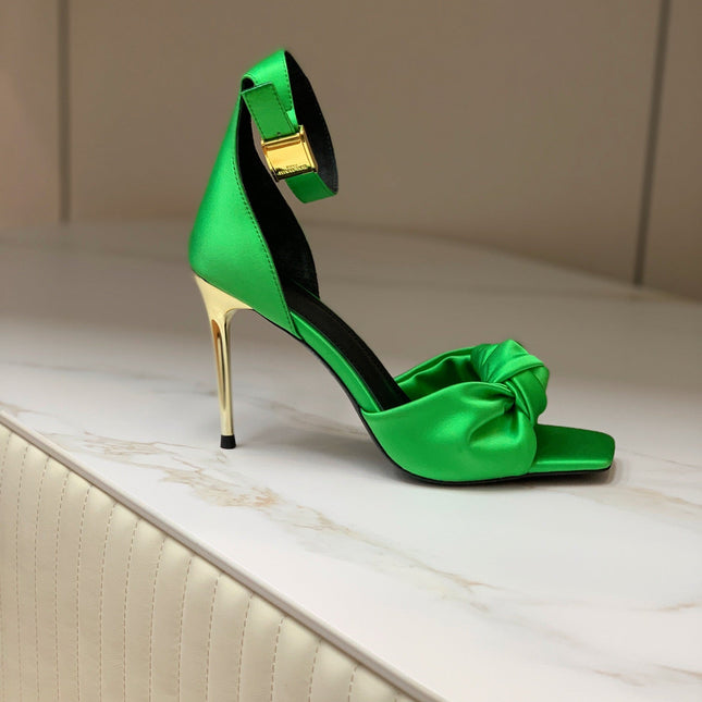 BALMAIN 25S KNOTTED HIGH HEELS 95MM IN KELLY GREEN SATIN