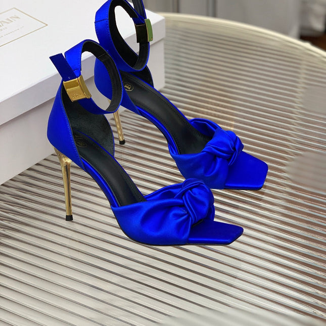 BALMAIN 25S KNOTTED HIGH HEELS 95MM IN DARK BLUE SATIN